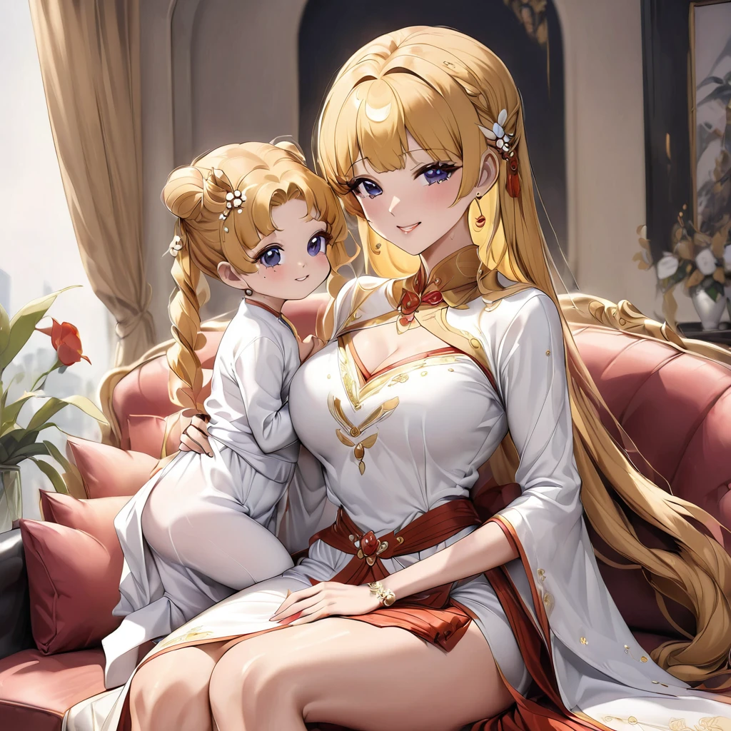 ((Highest quality)), ((masterpiece)), (detailed), (Perfect Face)、The woman is Vietnamese Tsukino Usagi, wearing a gorgeous and glittering ao dai, a traditional Vietnamese dress with gold embroidery, a gorgeous hair ornament, gorgeous jeweled accessories and an engagement ring. The man and woman are sitting on a luxurious, large sofa in a luxurious room, and the woman is being held in the arms of a dignified and sturdy middle-aged Vietnamese man dressed in Vietnamese national dress.、The woman is the elegant Tsukino Usagi, a Vietnamese girl with long blonde hair in a chignon twin tail and wearing an ao dai.、The man is a dignified and sturdy middle-aged Vietnamese man wearing Vietnamese national costume.、The woman is holding her