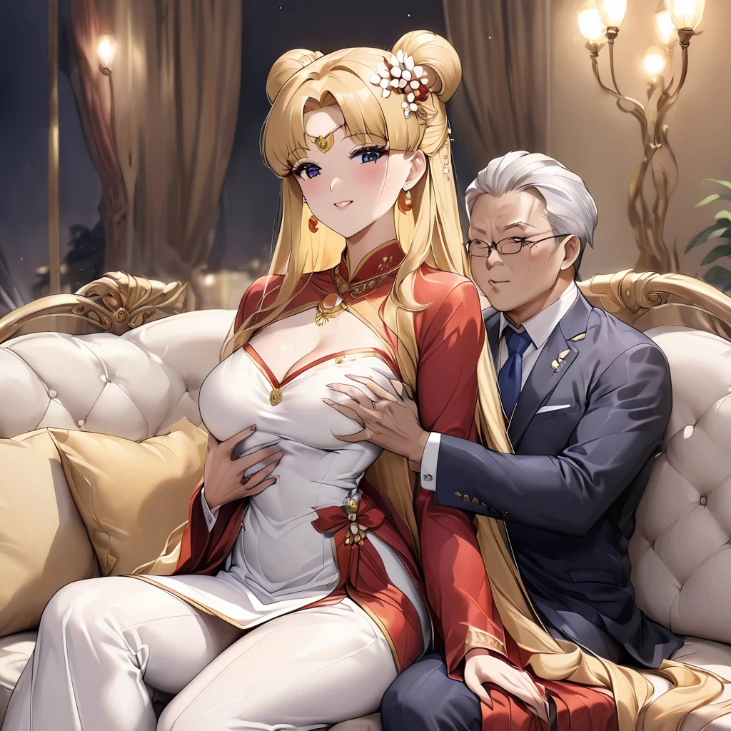 ((Highest quality)), ((masterpiece)), (detailed), (Perfect Face)、The woman is Vietnamese Tsukino Usagi, wearing a gorgeous and glittering ao dai, a traditional Vietnamese dress with gold embroidery, a gorgeous hair ornament, gorgeous jeweled accessories and an engagement ring. The man and woman are sitting on a luxurious, large sofa in a luxurious room, and the woman is being held in the arms of a dignified and sturdy middle-aged Vietnamese man dressed in Vietnamese national dress.、The woman is the elegant Tsukino Usagi, a Vietnamese girl with long blonde hair in a chignon twin tail and wearing an ao dai.、The man is a dignified and sturdy middle-aged Vietnamese man wearing Vietnamese national costume.、The woman is holding her baby daughter