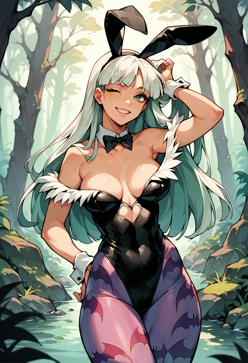 scene: girl posing while walking in the dark forest; character: Morrigan_Aensland, white hair; clothing: bunny playboy girl sexy; emotions: wink, smile