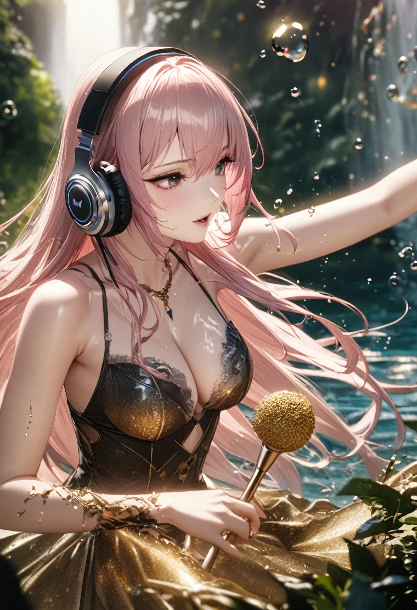 best quality, super fine, 16k, incredibly absurdres, extremely detailed, 2.5D, delicate and dynamic depiction, Megurine Luka, Vocaloid character, cool and stylish headphones, holding Elvis-Mic, attractive and seductive expression, glamorous slender body, singing a grand and majestic ballad against the backdrop of nature, very beautiful effects, (water droplets, gold dust, image processing that makes it look like a stop-motion scene), (motion blur, action blur:0.5)