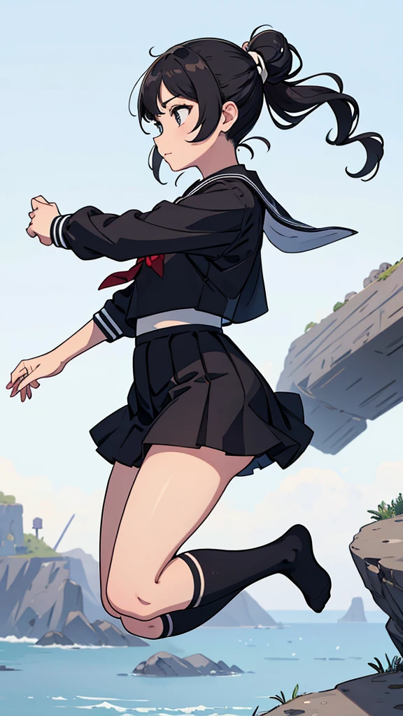 From the side,whole body,Hair tied up,Sailor suit,Black Skirt,socks,Jump,School