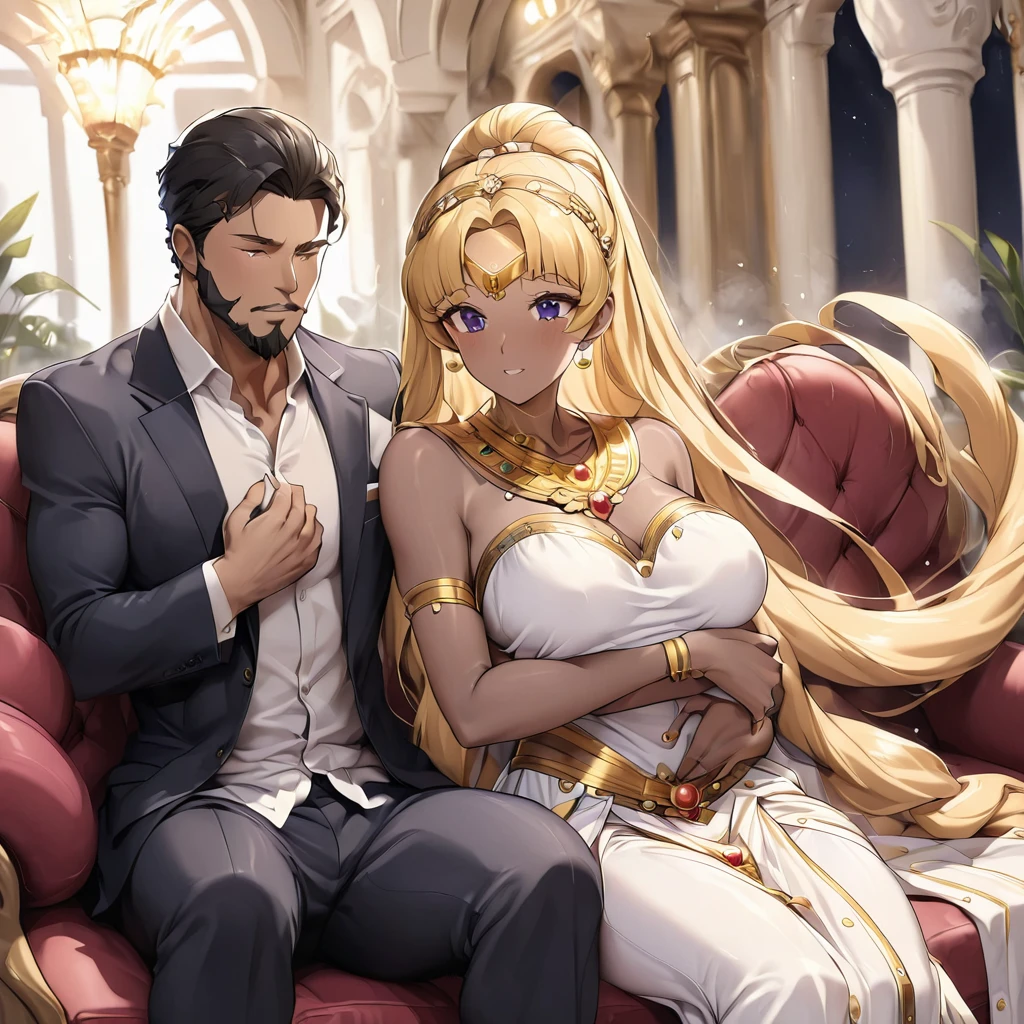 ((Highest quality)), ((masterpiece)), (detailed), (Perfect Face)、The woman is an Egyptian named Tsukino Usagi with vivid brown skin, and is wearing a gorgeous, glittering Egyptian traditional dress with gold embroidery, a gorgeous hijab, gorgeous jeweled accessories and an engagement ring in a luxurious Egyptian mansion. The woman and the man are sitting on a luxurious, large sofa in the luxurious room, and the woman is being held in the arms of a dignified, muscular, bearded middle-aged man wearing Egyptian traditional dress.、The woman is the elegant Tsukino Usagi, with long blonde hair in a chignon twin tail. The woman is an Egyptian with vivid brown skin and wearing Egyptian clothing.、(The woman is the dark-skinned Egyptian Tsukino Usagi.)、The man is a dignified, muscular, bearded, middle-aged Egyptian man wearing traditional Egyptian clothing.、The woman is holding her baby daughter