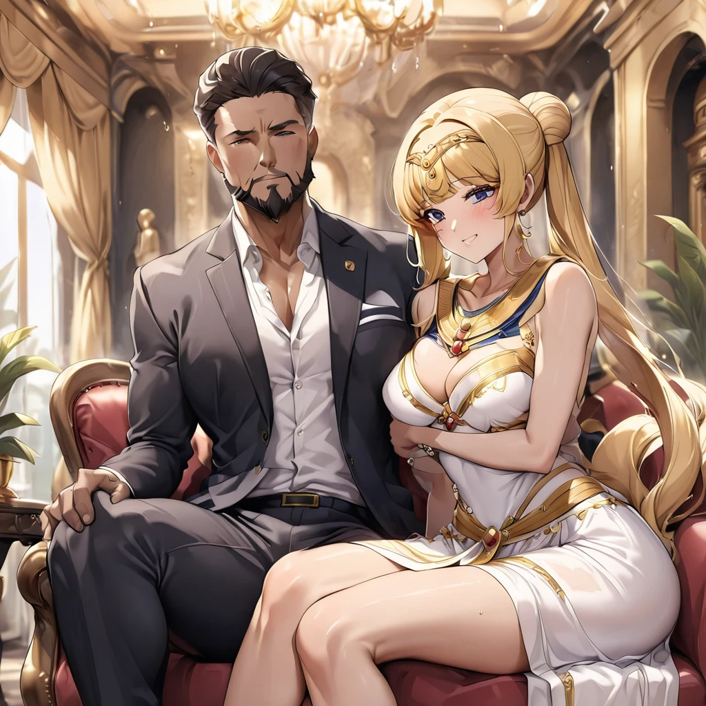 ((Highest quality)), ((masterpiece)), (detailed), (Perfect Face)、The woman is an Egyptian named Tsukino Usagi with vivid brown skin, and is wearing a gorgeous, glittering Egyptian traditional dress with gold embroidery, a gorgeous hijab, gorgeous jeweled accessories and an engagement ring in a luxurious Egyptian mansion. The woman and the man are sitting on a luxurious, large sofa in the luxurious room, and the woman is being held in the arms of a dignified, muscular, bearded middle-aged man wearing Egyptian traditional dress.、The woman is the elegant Tsukino Usagi, with long blonde hair in a chignon twin tail. The woman is an Egyptian with vivid brown skin and wearing Egyptian clothing.、(The woman is the dark-skinned Egyptian Tsukino Usagi.)、The man is a dignified, muscular, bearded, middle-aged Egyptian man wearing traditional Egyptian clothing.、The woman is holding her baby daughter