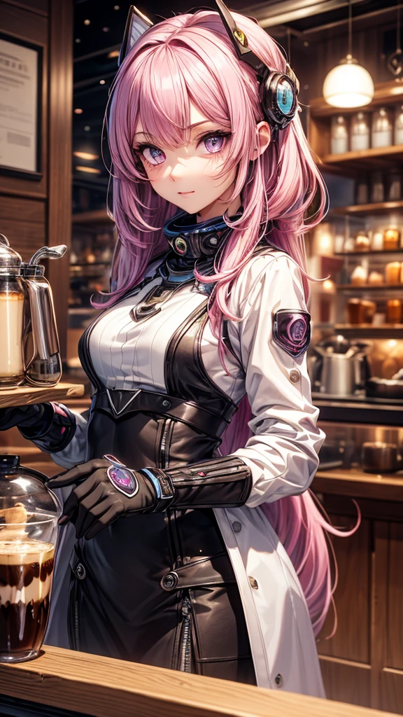 Futuristic Girl, Purple eyes, space, Pink Hair, Long Hair, Futuristic Coffee Shop,One girl,Beautiful attention to detail, Detailed face, cute,