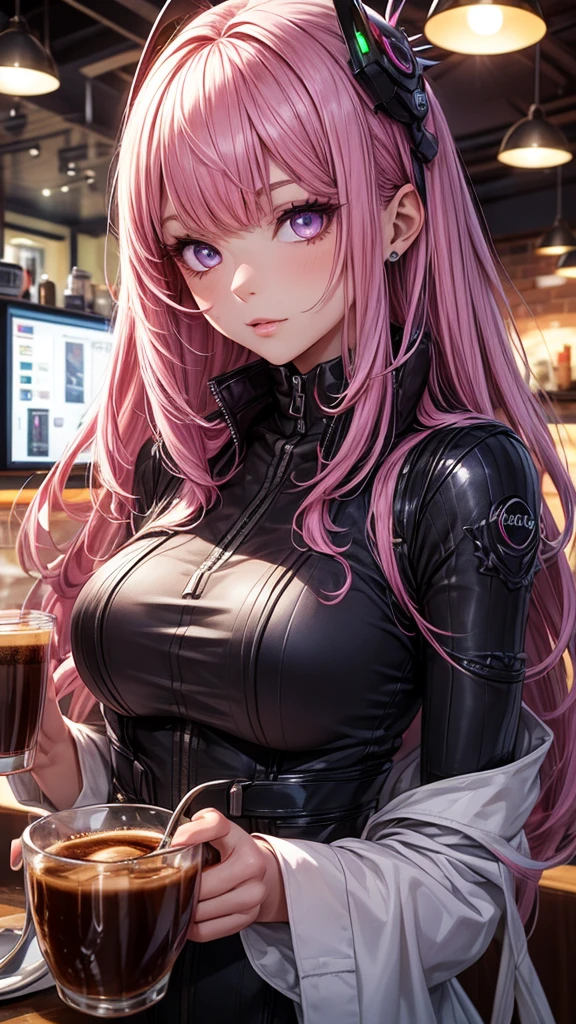 Futuristic Girl, Purple eyes, space, Pink Hair, Long Hair, Futuristic Coffee Shop,One girl,Beautiful attention to detail, Detailed face, cute,