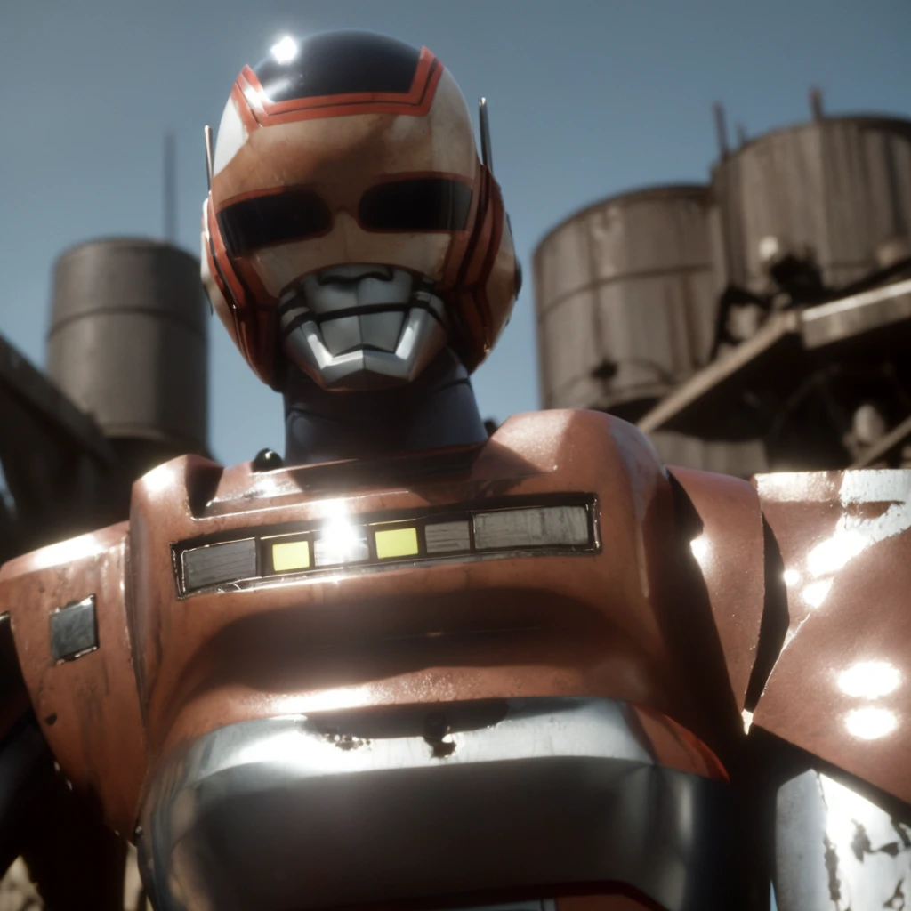 Cinematic film still Small deformation of JaspionQuiron in a rusty shipyard, haunting silence, action hero pose, shiny armor, . Shallow depth of field, vignettes, highly detailed, high budget Hollywood movies, blur, cinemascope, mood, epic, gorgeous, film grain, grainy.