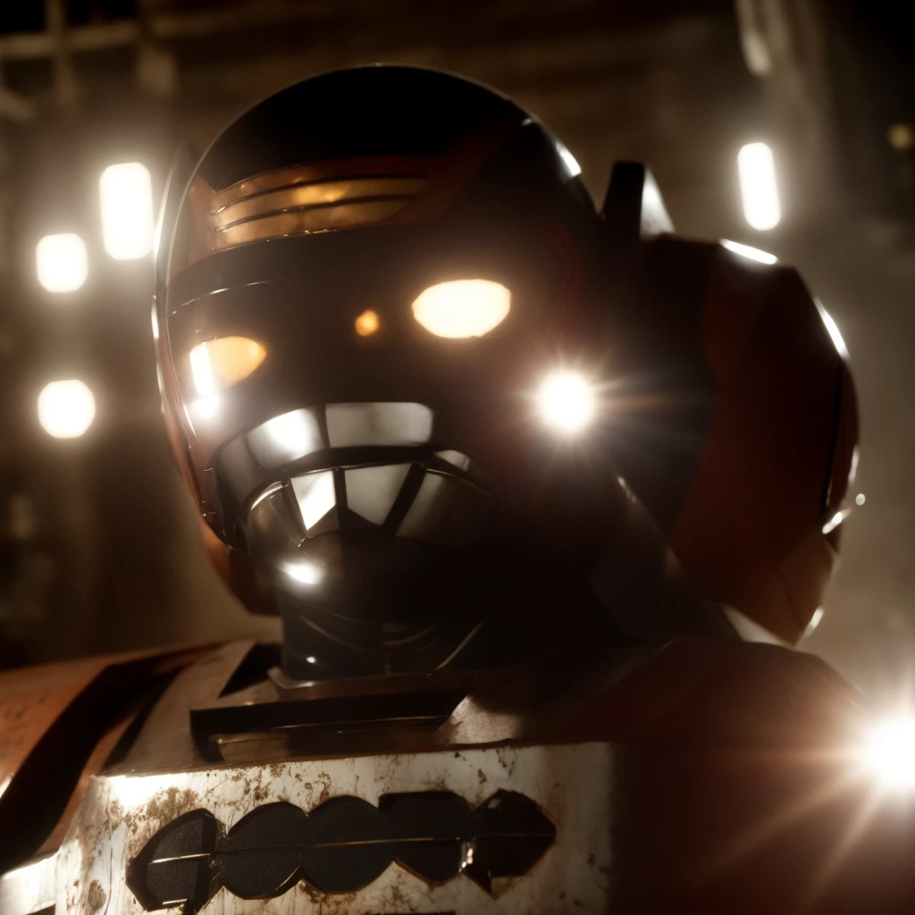 Cinematic film still Small deformation of JaspionQuiron in a rusty shipyard, haunting silence, action hero pose, shiny armor, . Shallow depth of field, vignettes, highly detailed, high budget Hollywood movies, blur, cinemascope, mood, epic, gorgeous, film grain, grainy.