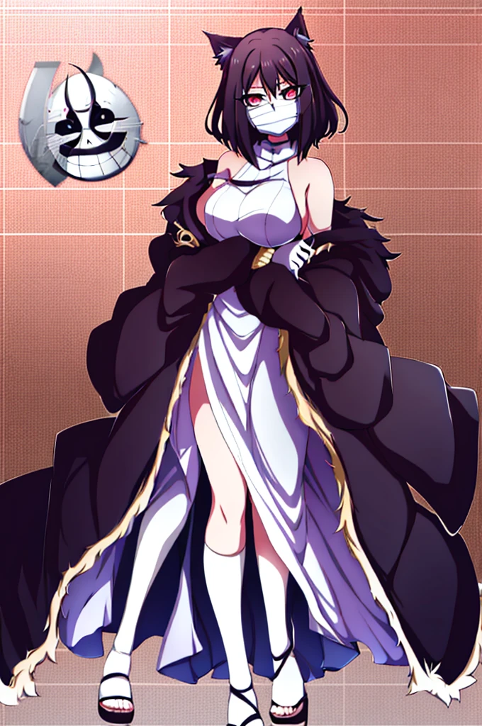 anime girl, bleach anime, soul reaper, sword, zanpakuto, vastolorde mask, fractured mask, hot, sexy, cute, black eyes, tall, full body, masterpiece, looking at the viewer, black fur on shoulders, coat, hollow shinigami,