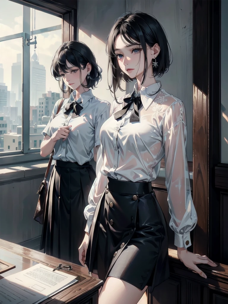 absurdres, RAW photo, extremely delicate and beautiful, masterpiece, Best Quality, ultra high resolution, 32k, hyperrealistic, ultra-detailed, in her 20s, delicate facial features, tearful mole, earring, medium breasts, full body shot, shorter middle hair, black hair, skirt, button up shirt,