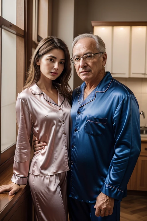 extremely detailed CG unity 8k wallpaper,best quality, masterpiece, ,Wide-Angle, 85mm, masterpiece, UHD, anatomically correct, super detail, high quality, award winning, 1080P, HD, 16k, ((masterpiece)), best quality, 8K, HDR , Selfie of a 21-year-old girl with an attractive 60-year-old mature man, wears silk pajamas