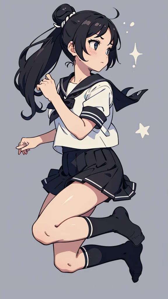 From the side,whole body,Hair tied up,Sailor suit,Black Skirt,socks,Jump,School