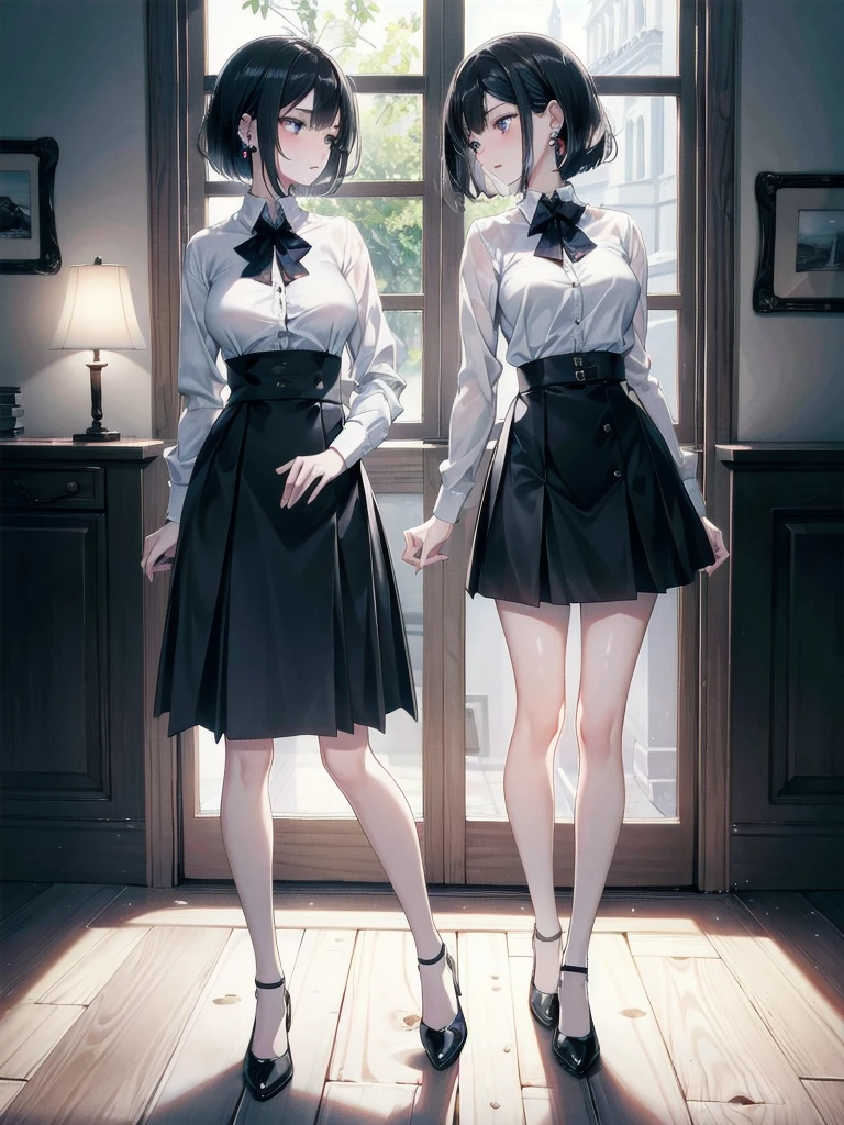 absurdres, RAW photo, extremely delicate and beautiful, masterpiece, Best Quality, ultra high resolution, 32k, hyperrealistic, ultra-detailed, in her 20s, delicate facial features, tearful mole, earring, medium breasts, full body shot, shorter middle hair, black hair, skirt, button up shirt,
