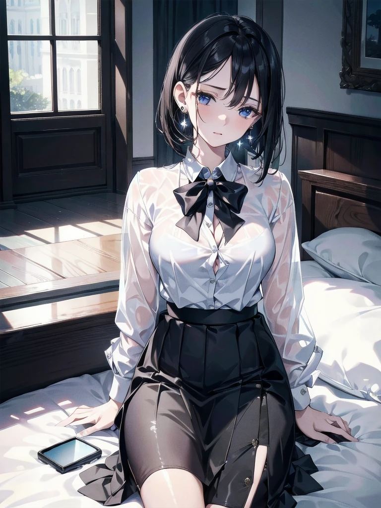 absurdres, RAW photo, extremely delicate and beautiful, masterpiece, Best Quality, ultra high resolution, 32k, hyperrealistic, ultra-detailed, in her 20s, delicate facial features, tearful mole, earring, medium breasts, full body shot, shorter middle hair, black hair, skirt, button up shirt,
