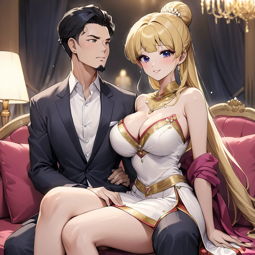 ((Highest quality)), ((masterpiece)), (detailed), (Perfect Face)、The woman is a Thai woman named Tsukino Usagi, and is in a luxurious Thai mansion, wearing a gorgeous, glittering, traditional Thai dress with gold embroidery, gorgeous jeweled accessories and an engagement ring. The woman and the man are sitting on a luxurious, large sofa in the luxurious room, and the woman is being held in the arms of a dignified, middle-aged Thai man wearing a dignified, sturdy Thai traditional dress.、The woman is the elegant Tsukino Usagi, with long blonde hair in a chignon twin tail, and the woman is a Thai girl wearing a gorgeous Thai dress.、The man is a dignified, sturdy, bearded, middle-aged Thai man wearing Thai national costume.、The woman is holding her baby daughter