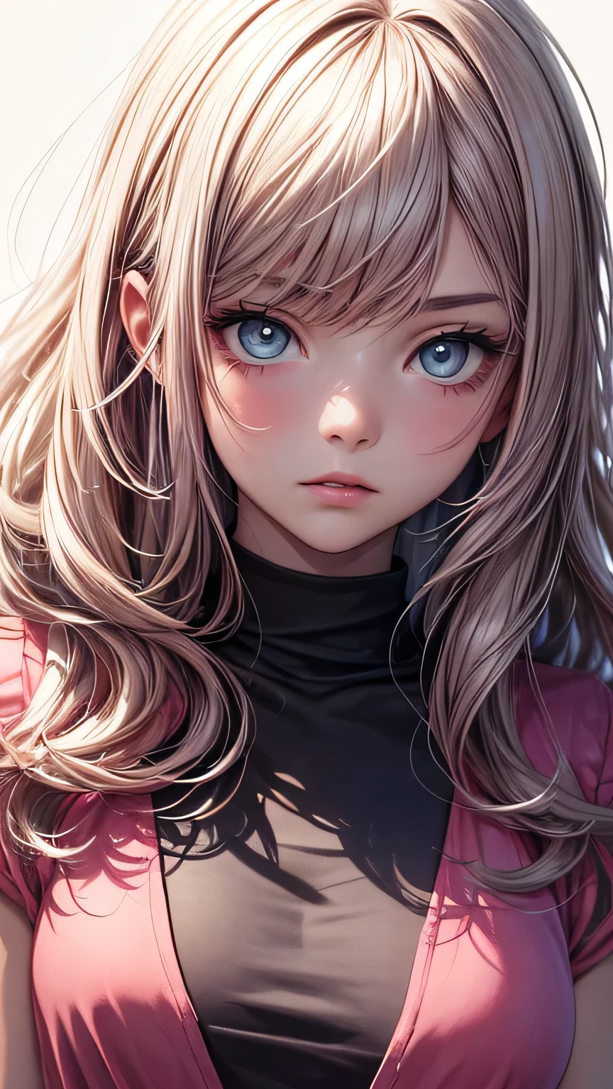 (masterpiece),(Highest quality:1.1),(Super detailed),Best illustrations,In detail,(Portraiture:1.1),(Intense close-up),Watercolor)floating,One girl,alone,,slim,(Very delicate and beautiful face),(Beautiful eyes in every detail),Pink thick lips,(Disheveled Hair),(Wearing a loose pink T-shirt),Soft and lazy,(Simple Background:1.2)Overall colored background,clear,4K