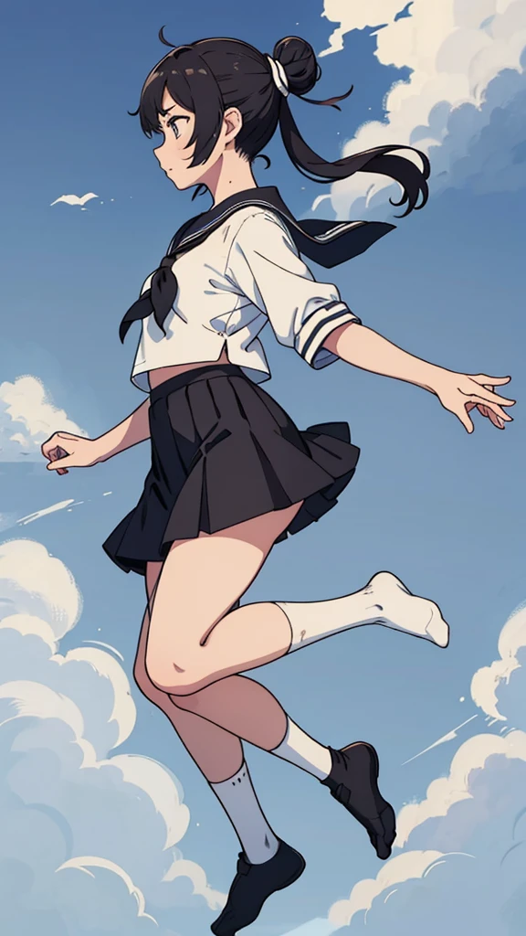 From the side,whole body,Hair tied up,Sailor suit,Black Skirt,socks,Jump,School