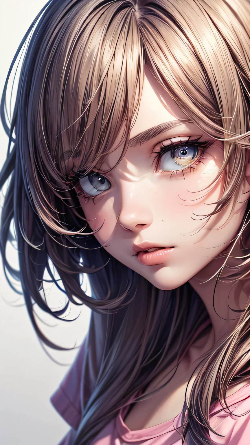 (masterpiece),(Highest quality:1.1),(Super detailed),Best illustrations,In detail,(Portraiture:1.1),(Intense close-up),Watercolor)floating,One girl,alone,13 years old,slim,(Very delicate and beautiful face),(Beautiful eyes in every detail),Pink thick lips,(Disheveled Hair),(Wearing a loose pink T-shirt),Soft and lazy,(Simple Background:1.2)Overall colored background,clear,4K