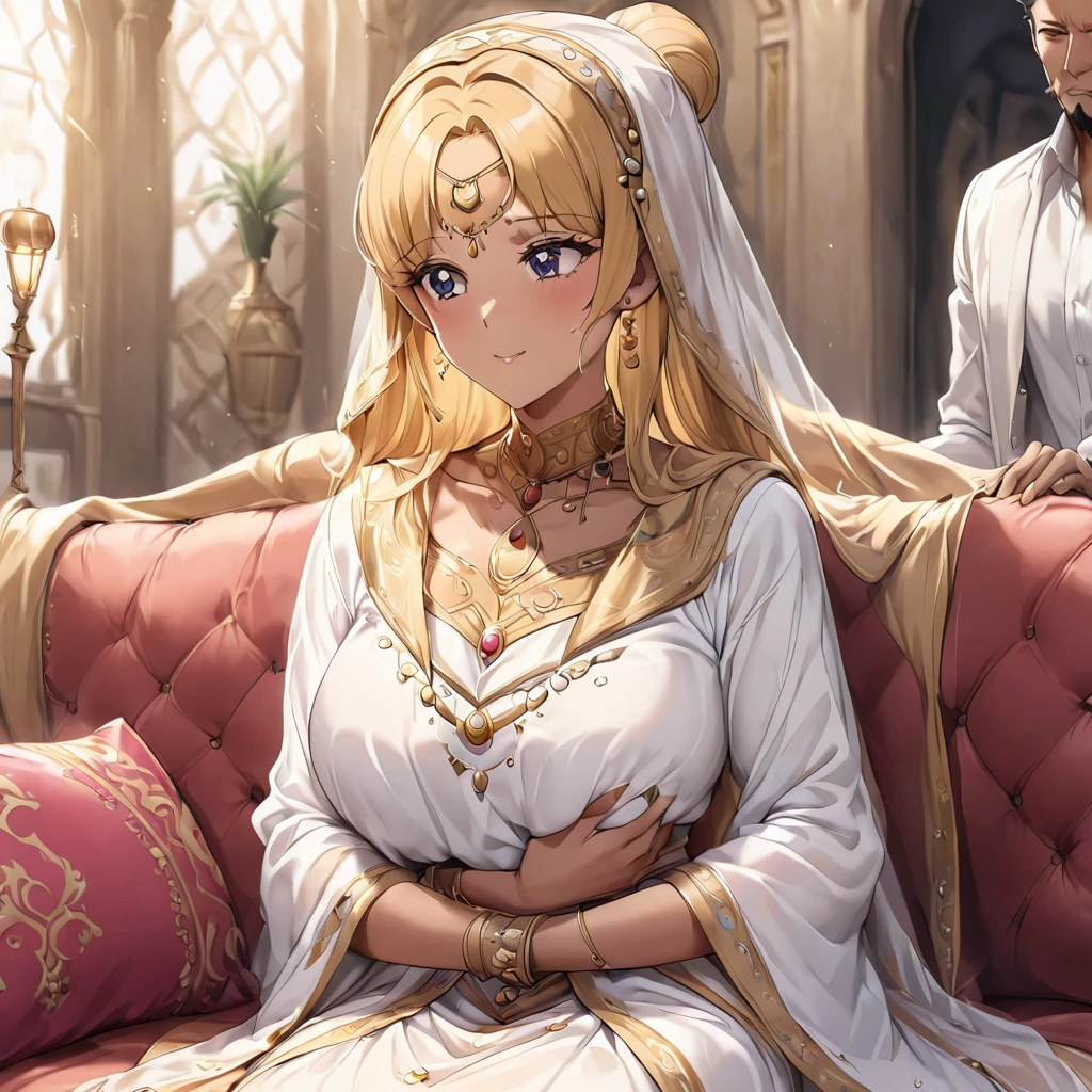 ((Highest quality)), ((masterpiece)), (detailed), （Perfect Face）、The woman is being held by a beautiful, grown-up Indian girl.、Mother and daughter、The woman is an Indian named Tsukino Usagi with vivid brown skin and a red bindi on her forehead. She is wearing a gorgeous and glittering traditional Indian wedding dress, a colorful sari, a colorful hijab, a bindi, a gorgeous hair ornament, gorgeous jeweled accessories, and an engagement ring, in a luxurious Indian mansion. The woman and the man are sitting on a luxurious and large sofa in a luxurious room, and the woman is being held in the arms of a middle-aged Indian man with a muscular beard and wearing Indian traditional clothing.、The woman is an elegant Tsukino Usagi with long blonde hair in a chignon twin tail, wearing a colorful sari and a colorful hijab, and has bright brown skin and a red bindi on her forehead.、（The woman is a brown-skinned Indian named Tsukino Usagi.）、The man is a dignified, muscular, bearded, middle-aged Indian man wearing traditional Indian clothing.