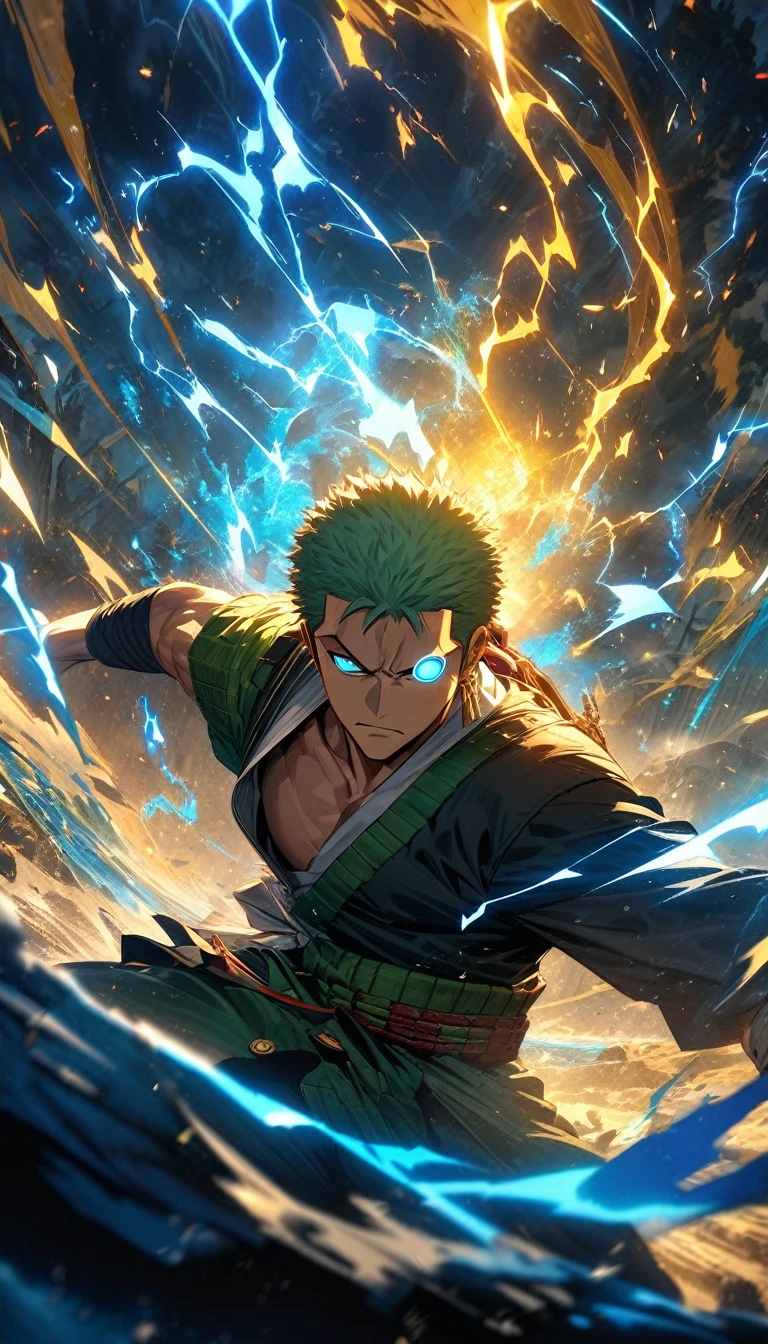 Symetrical,absurdres, highres, ultra detailed, HDR, masterpiece, extremely detailed blue glowing face and blue glowing eyes, roronoa Zoro , in original outfit,,, , solo, man, handsome, ,, , Epic fight scene, blue yellow water effect, yellow and blue lightning effect,glowing glitters