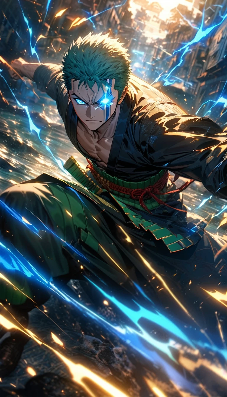 Symetrical,absurdres, highres, ultra detailed, HDR, masterpiece, extremely detailed blue glowing face and blue glowing eyes, roronoa Zoro , in original outfit,,, , solo, man, handsome, ,, , Epic fight scene, blue yellow water effect, yellow and blue lightning effect,glowing glitters