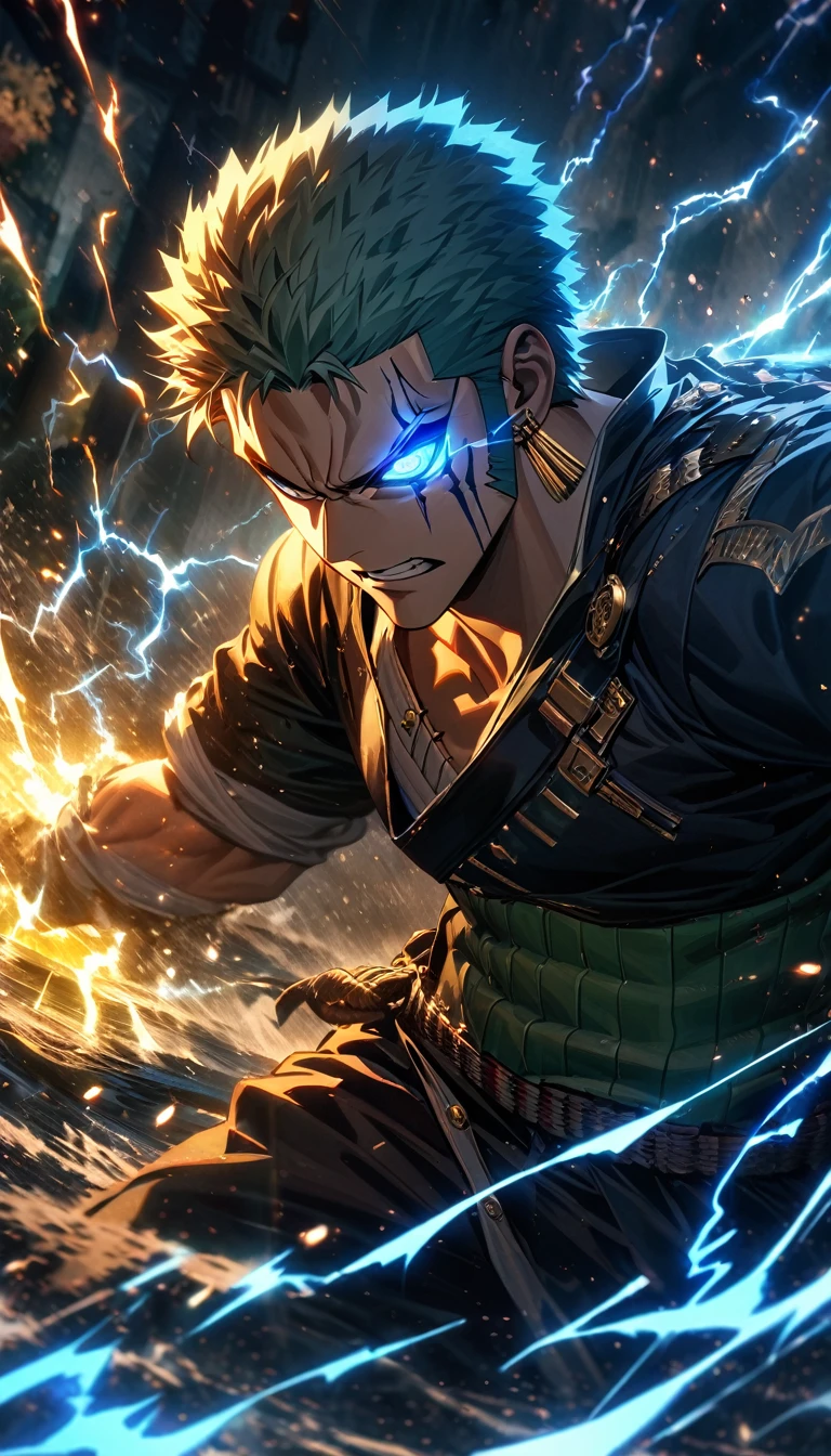 Symetrical,absurdres, highres, ultra detailed, HDR, masterpiece, extremely detailed blue glowing face and blue glowing eyes, roronoa Zoro , in original outfit,,,  , solo, man, handsome, ,, , Epic fight scene, blue yellow water effect, yellow and blue lightning effect,glowing glitters