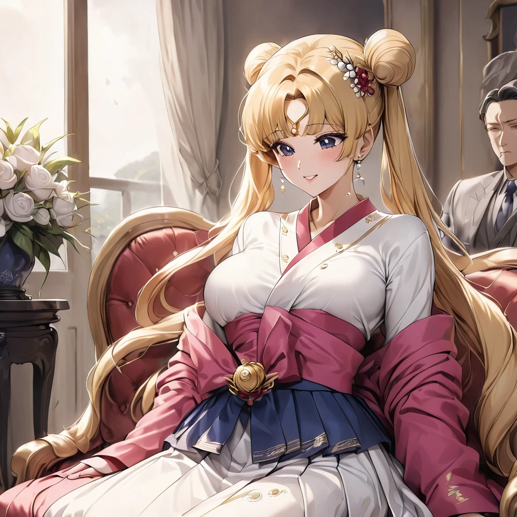 ((Highest quality)), ((masterpiece)), (detailed), (Perfect Face)、The woman is Korean Tsukino Usagi, and is wearing a gorgeous and dazzling traditional Korean dress called a hanbok (traditional Korean dress), a gorgeous hair ornament, gorgeous jeweled accessories, and an engagement ring in a luxurious Korean mansion. The man and woman are sitting on a large, luxurious sofa in the luxurious room, and the woman is being held in the arms of a dignified and sturdy middle-aged Korean man wearing hanbok.、The woman is the elegant Tsukino Usagi, a Korean woman with long blonde hair in a chignon twin tail, wearing the traditional Korean dress, Chima Chogori.、The man is a dignified, sturdy middle-aged Korean man wearing the traditional Korean dress, Hanbok.、The woman is holding her baby daughter