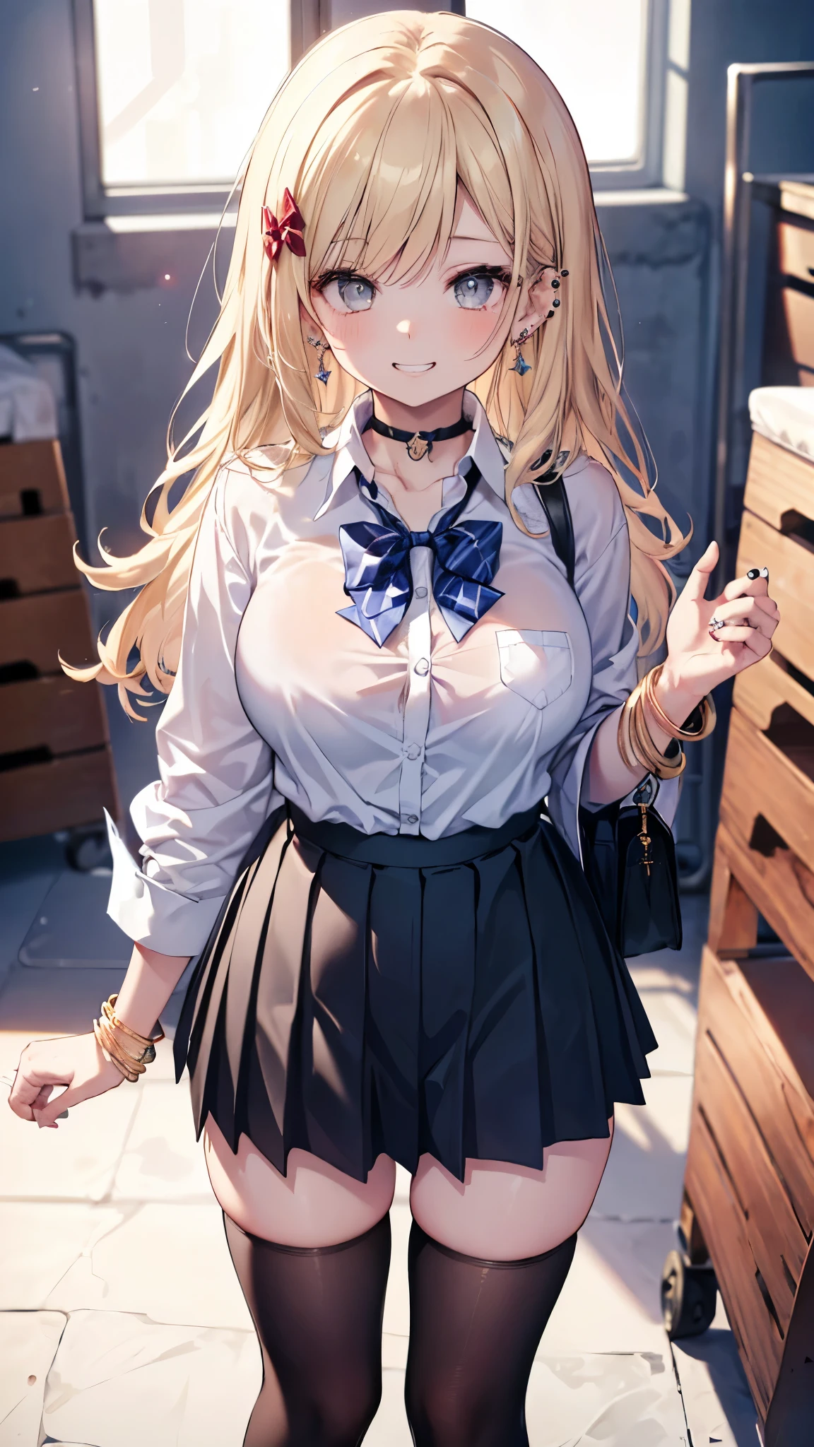 ((masterpiece、Highest quality、Very detailed))、One Girl、gyaru、Blonde、Long Hair、Wavy Hair、Grey Eyes、evil smile、((Grin))、lip、((lots of piercings))、Large Breasts、A bow tie、((White shirt))、((Black pleated skirt))、bracelet、Cowboy Shot、Gym storeroom