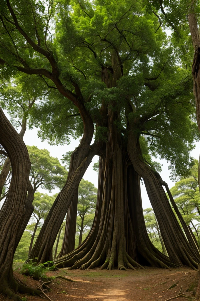 Ancient giant tree，Dark green leaves，The tree trunks are covered with strange patterns，The tree is in a claustrophobic, empty and dark space，The environment is disturbing