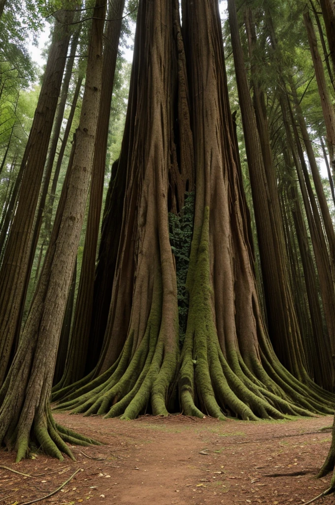 Ancient giant tree,Dark green leaves,The tree trunks are covered with strange patterns,The tree is in a claustrophobic, empty and dark space,The environment is disturbing