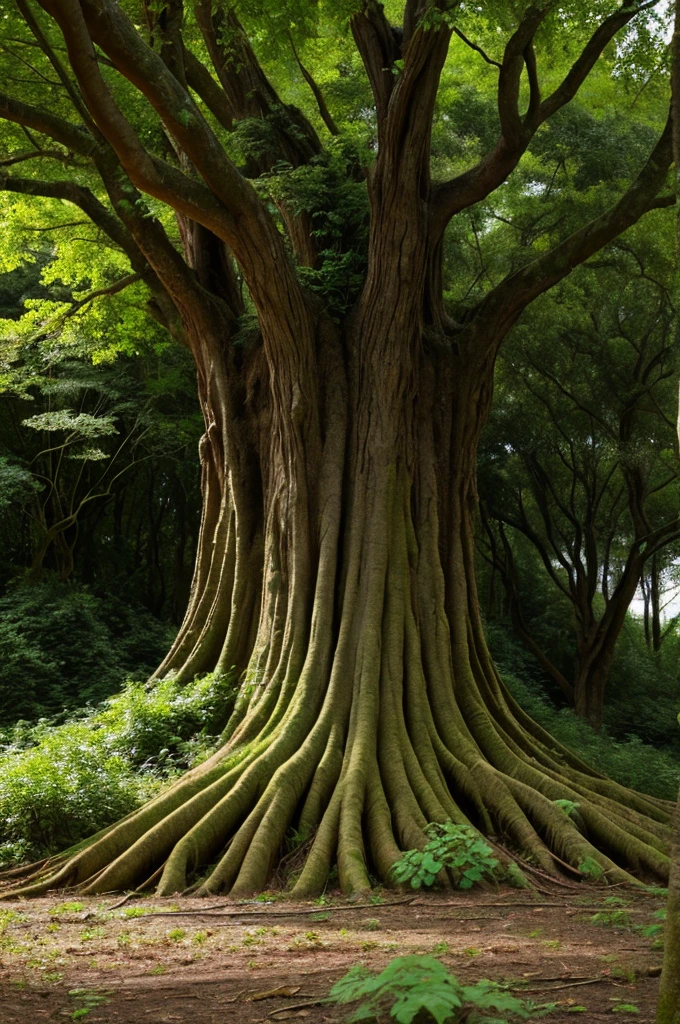 Ancient giant tree，Dark green leaves，The tree trunks are covered with strange patterns，The tree is in a claustrophobic, empty and dark space，The environment is disturbing
