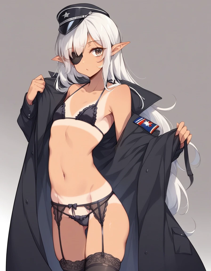BREAK Perfect Anatomy、(High resolution:1.2)、Incredible illustrations、(Cute illustrations:1.2)、(Beautiful background)(nsfw) (Beautiful background,(on the couch))1gial((multicolored hair,wavy long hair)(cockslut) (Black coat,Gothic combat uniform,Silk Sexy Lingerie,slut,garter straps,pointy ears,bikini tan:1.7),eyepatch:1.8,oversized clothes) half undress),,(a girl, height 1.5meters, 40kg),,17-year-old,flat chest)((undressing,open clothes,oversized clothes))