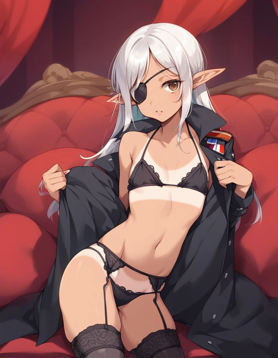 BREAK Perfect Anatomy、(High resolution:1.2)、Incredible illustrations、(Cute illustrations:1.2)、(Beautiful background)(nsfw) (Beautiful background,(on the couch))1gial((multicolored hair,wavy long hair)(cockslut) (Black coat,Gothic combat uniform,Silk Sexy Lingerie,slut,garter straps,pointy ears,bikini tan:1.7),eyepatch:1.8,oversized clothes) half undress),,(a girl, height 1.5meters, 40kg),,17-year-old,flat chest)((undressing,open clothes,oversized clothes))
