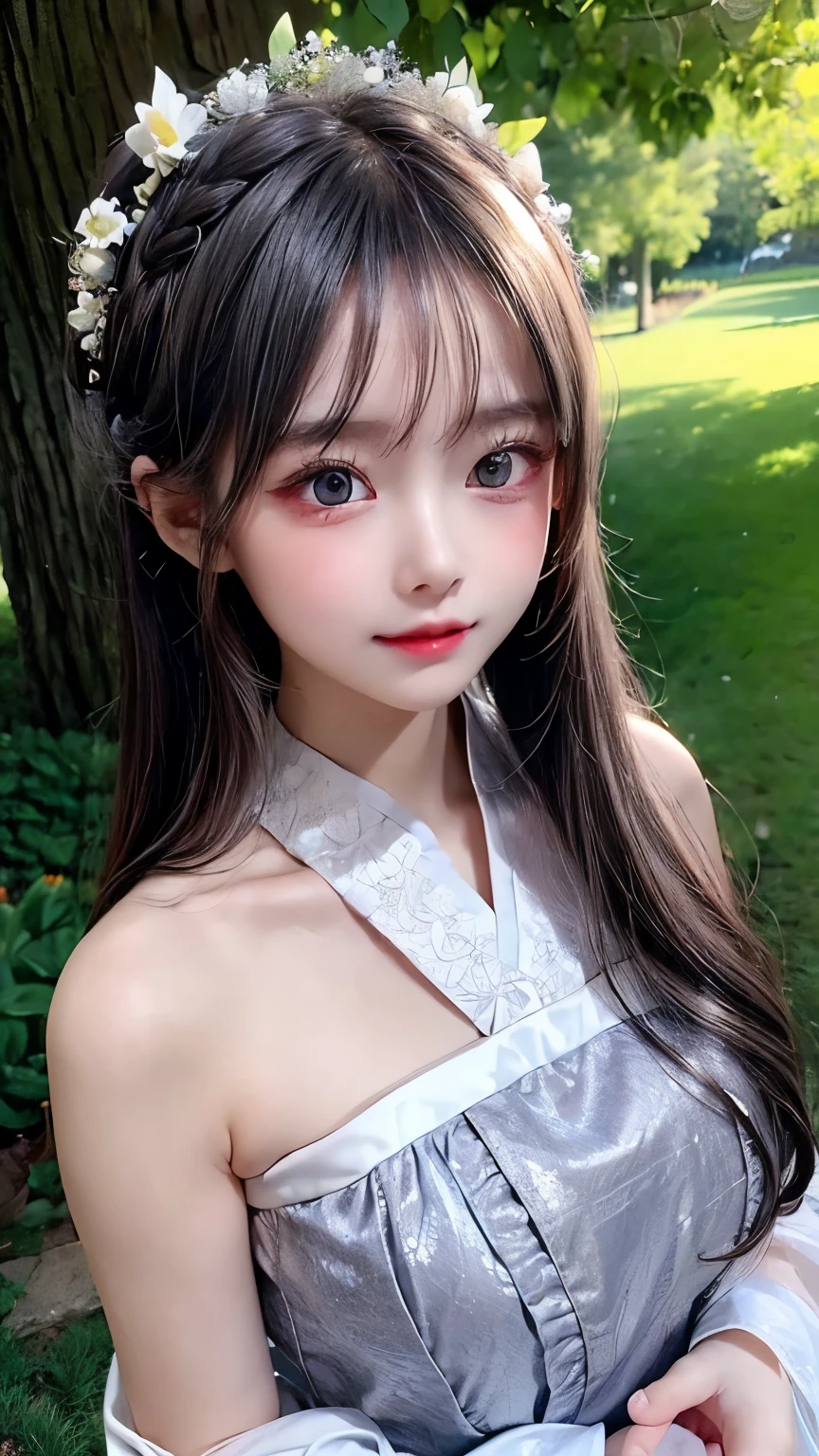 (: 1.5), lace, ribbon, Hanfu, (masterpiece, side light, delicate and beautiful gray eyes: 1.2), masterpiece, realistic, glowing eyes, shiny hair, dark hair, long hair, shiny skin, solo, awkward, strapless, delicate, beautiful, garden, flowers, fluttering petals, (huge breast:1.2)