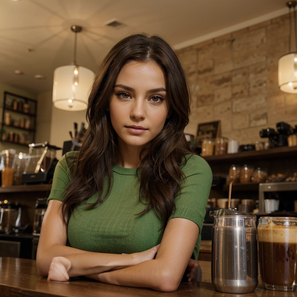 a photo of an absolutely beautiful woman lying in a coffee shop with a totally real and super realistic face brunette with green and brown eyes with a piercing look photo of a very detailed face in 4k with a fairly thin waist and captivating hair and realistic photo