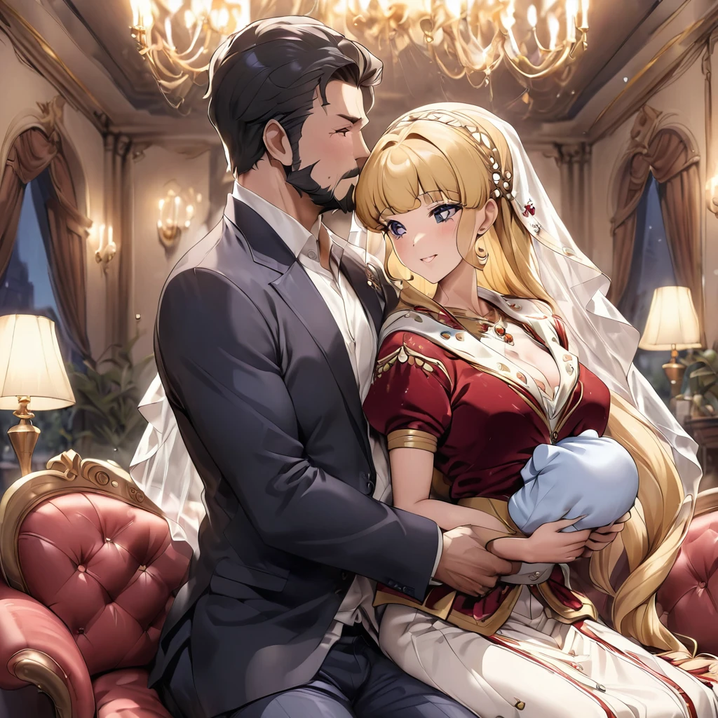 ((Highest quality)), ((masterpiece)), (detailed), (Perfect Face)、The woman is an Italian named Tsukino Usagi, and is wearing the gorgeous and glittering Italian traditional Sardinian costume in a luxurious Italian mansion, a lavishly decorated velvet jacket, a long veil, gorgeous jeweled accessories and an engagement ring. The woman and the man are sitting on a luxurious, large sofa in the luxurious room, and the woman is being held in the arms of a dignified, bearded middle-aged man wearing an Italian traditional costume.、The woman is the elegant Tsukino Usagi, with long blonde hair in a chignon twin tail, wearing a velvet jacket decorated with the Italian national costume of Sardinia, and a long veil.、The man is a dignified, muscular, bearded Italian man dressed in Italian national dress.、The woman is holding her baby daughter