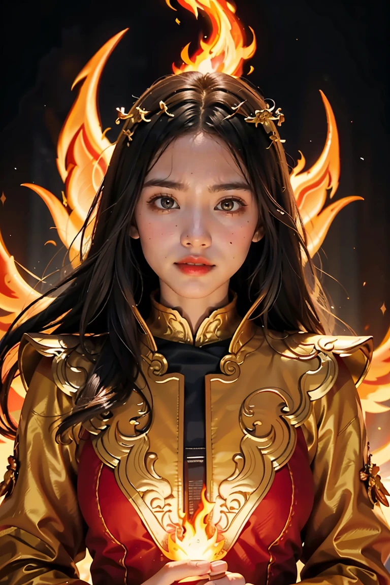 Close-up of a woman with fire and flames on her body., of flame, With fiery golden cloak., Grand fantasy art style, concept art | Art Anointing, phoenix warrior, extremely detailed Art Anointing, Grand fantasy digital art style, Female Master of Change, full portrait of Elementalist, Excellent and neat character art