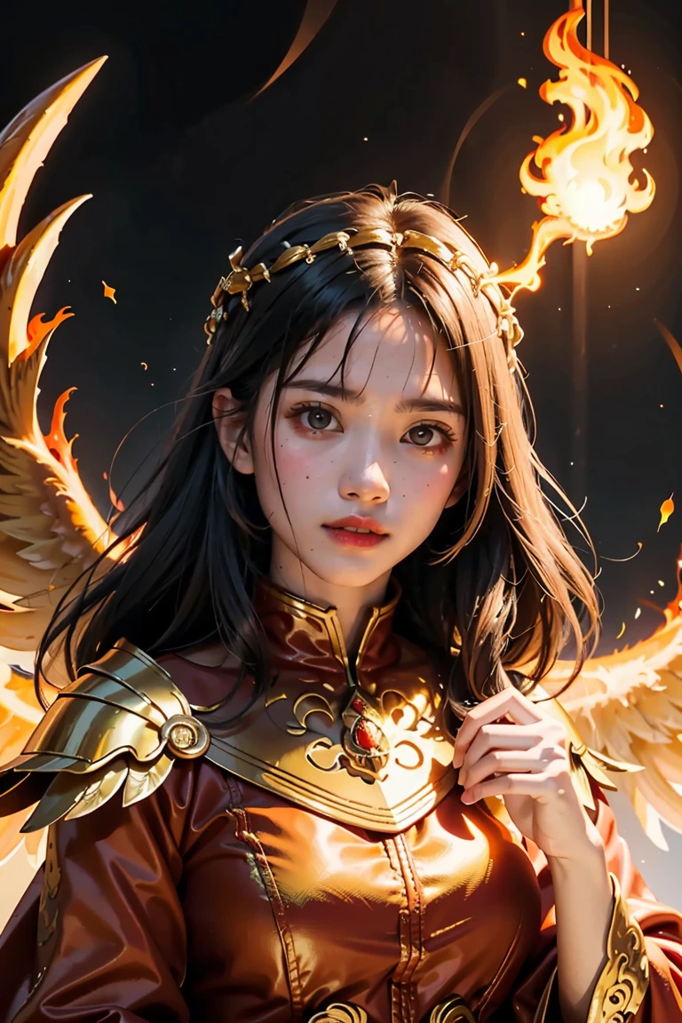 Close-up of a woman with fire and flames on her body., of flame, With fiery golden cloak., Grand fantasy art style, concept art | Art Anointing, phoenix warrior, extremely detailed Art Anointing, Grand fantasy digital art style, Female Master of Change, full portrait of Elementalist, Excellent and neat character art