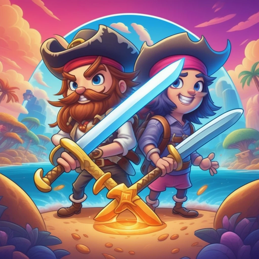 dual pirate sword , mobile game art, banner, detailed game art, stylized game art, game illustration, splash screen art, full card design, wallpaper!, extended art, adtime style art, saturated colorful, game item, blank background