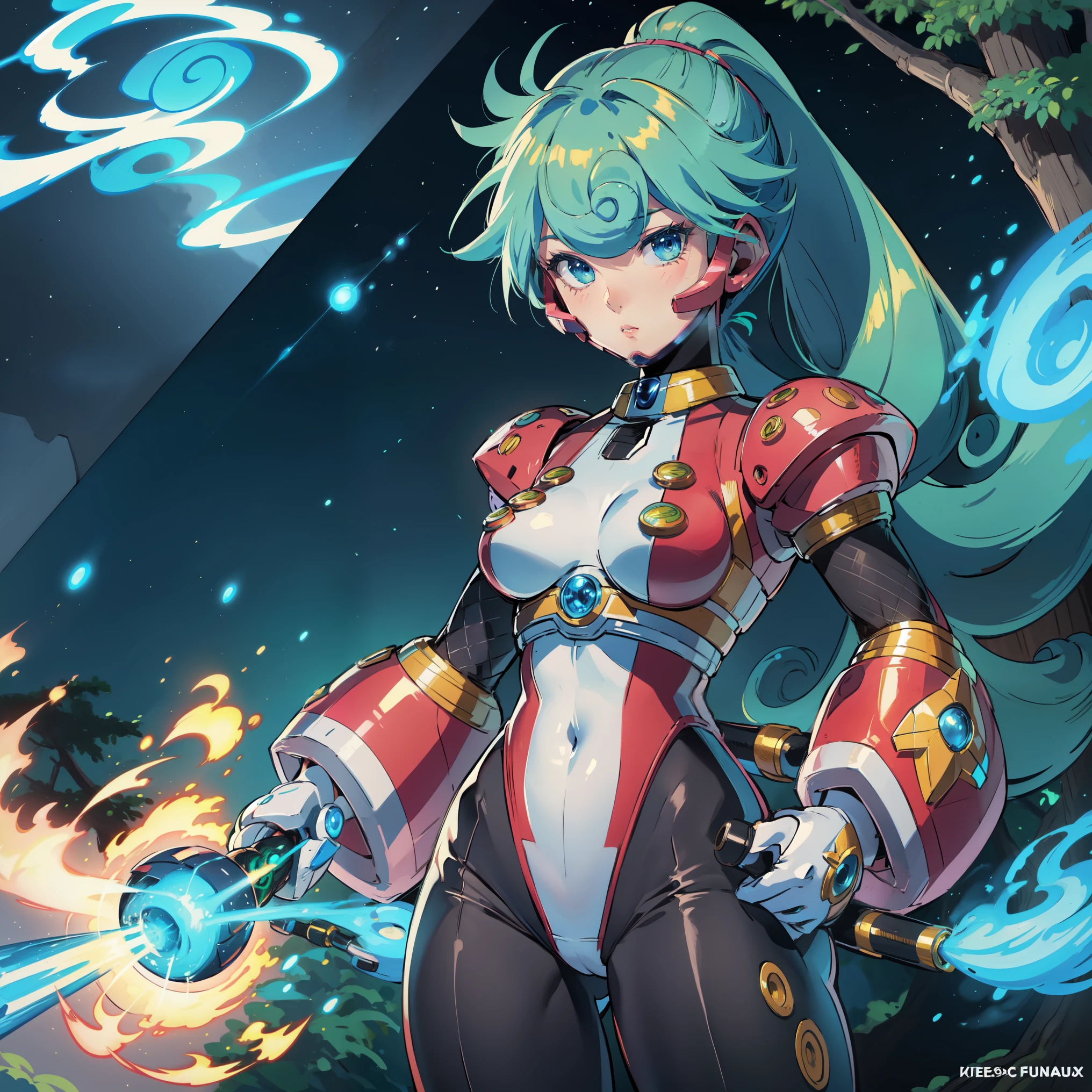 marino_megamanx, 1girl, green hair, blue eyes, ponytail, detailed face, breasts, high quality, masterpiece, standing with green flames coming from a tree