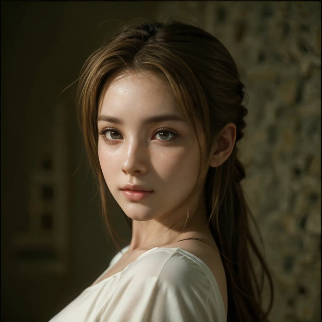 Kasumi, brown eyes, (best quality, ultra-detailed), (realistic:1.37), beautiful and detailed face, ultra-realistic texture, delicate face, delicate body, red lipstick, bright colors. High definition, 8K.