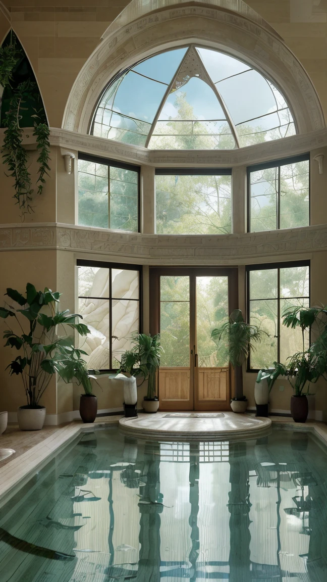 High resolution photography interior design, dreamy wellness center, biophilia, arch windows, water, full of water, travertine flooring, rocks, natural, 4 meters ceiling, beige pastel palette, lots of plants, interior design magazine, cozy atmosphere; 8k, intricate detail, photorealistic, realistic light, wide angle, kinkfolk photography, A+D architecture