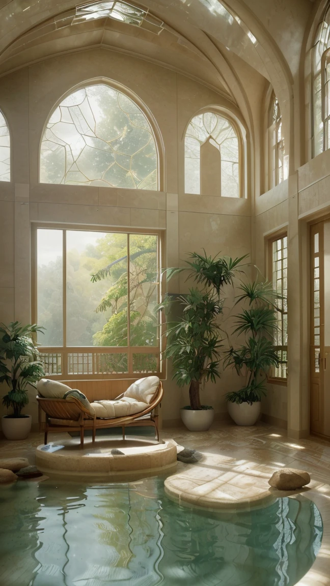 High resolution photography interior design, dreamy wellness center, biophilia, arch windows, water, full of water, travertine flooring, rocks, natural, 4 meters ceiling, beige pastel palette, lots of plants, interior design magazine, cozy atmosphere; 8k, intricate detail, photorealistic, realistic light, wide angle, kinkfolk photography, A+D architecture