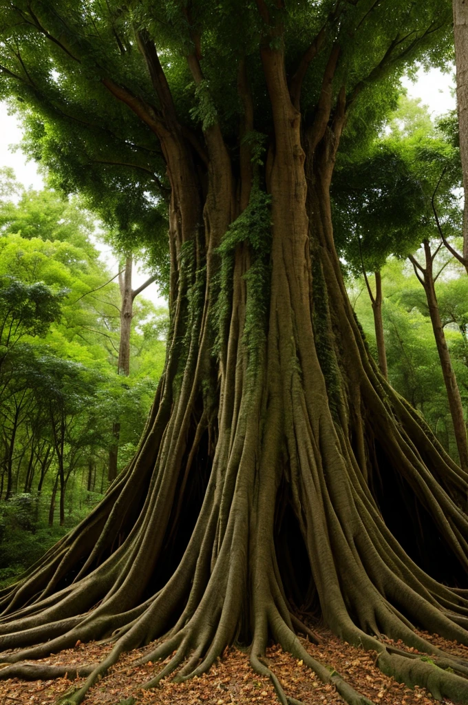 Ancient giant tree,Dark green leaves,The tree trunks are covered with strange patterns,The tree is in a claustrophobic, empty and dark room,The environment is disturbing