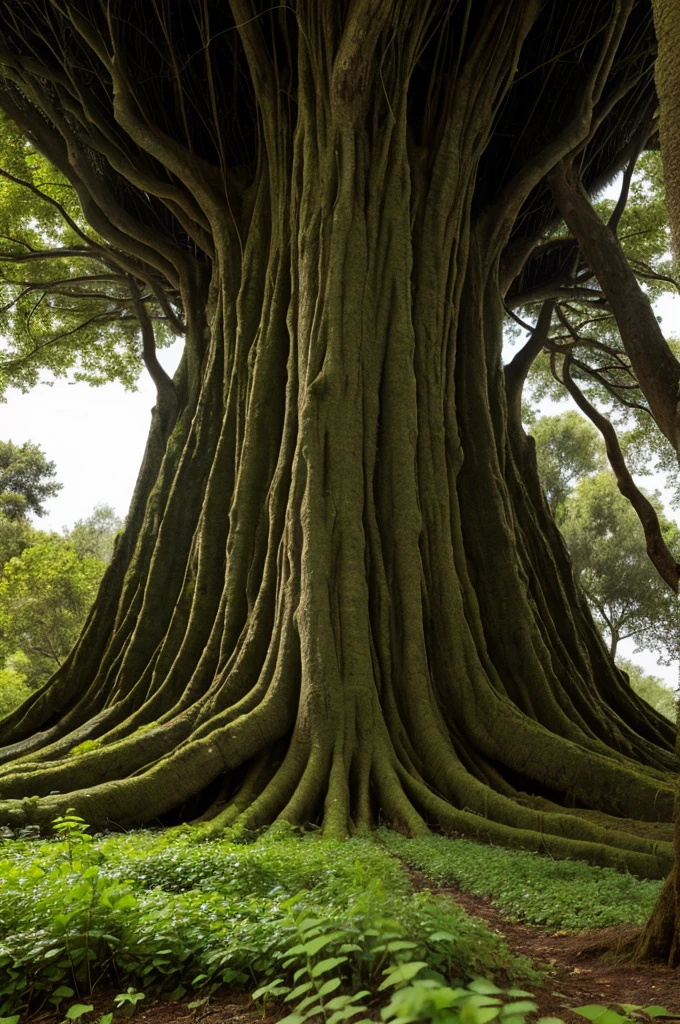 Ancient giant tree，Dark green leaves，The tree trunks are covered with strange patterns，The tree is in a claustrophobic, empty and dark room，The environment is disturbing