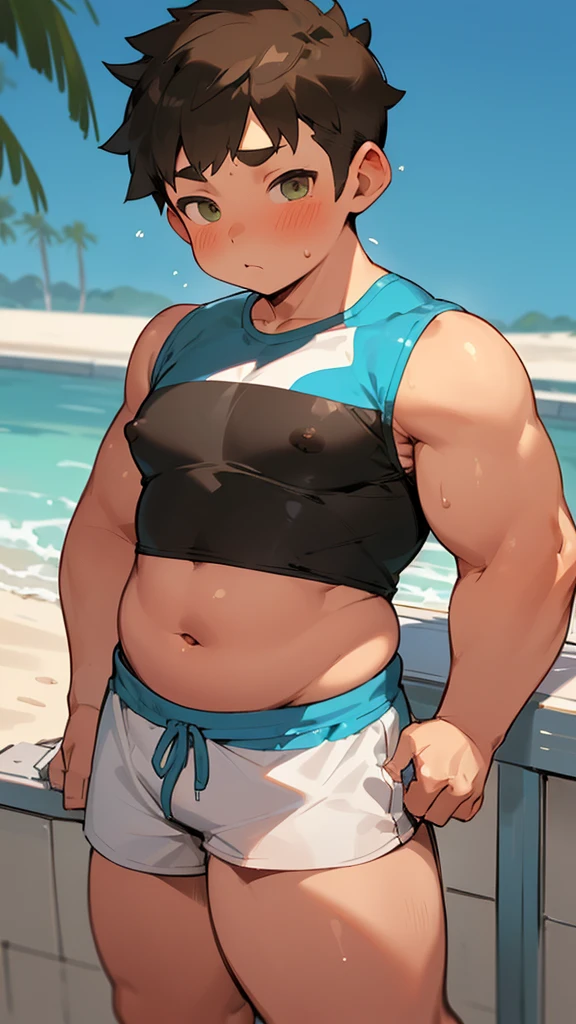 (androgynous), (boyish), chubby, (very short hair), (pudgy face), (thick), overweight, beefy, (cute), (little brat), (naughty brat), (belly button), Chubby body, Sweaty body, (Smelly body), (moobs), (ikemen), (Obese man like female breasts), (swimsuits), (sexly), (nipples), (armpits)