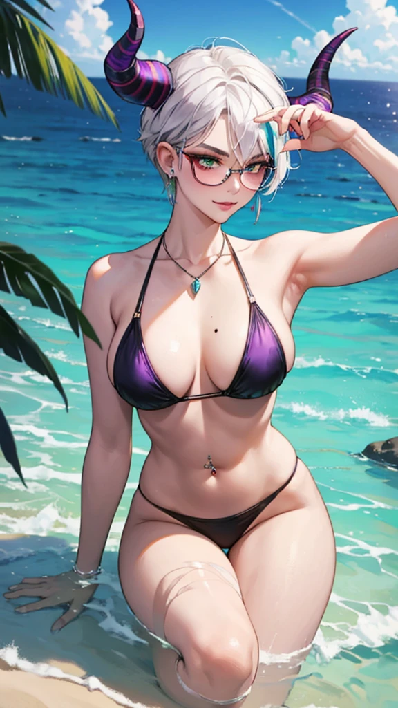 8k, masterpiece, best quality, highly detailed, 1 girl, tiefling, warlock, multicolored hair, very short straight hair green highlight hair on white hair, strippled hair, wearing glasses, round glasses, earrings, red eyeshadow, long eyelashes,navel piercing, blushed cheek, necklace, collarbone, mole, glamorous, purple and teal clothing, villainy, smirk, seductive face, fullbody view, rings, looking at viewer, swimming, demon horns, solo, bikinis, beaches, shoreline.