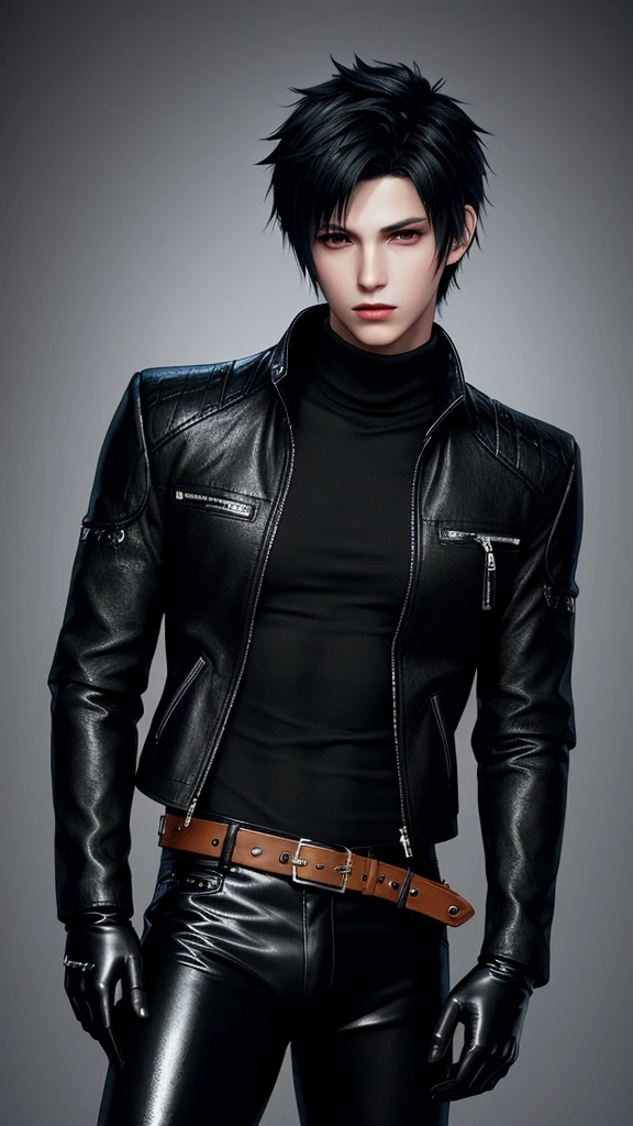 Final fantasy taste and reality graphics, Japanese young cute and cool ikemen  boy, his age is early 20s, thin eyebrows and beady eyes,  he wearing off black color leather thick singlebrest biker jacket, with epaulet,  must close the front of the leather jacket, jacket is biker style, jacket is voluminous, , jacket collar is high length stand-up collar with belts, jacket is a little black line pattern,close the front of the jacket, also wearing black thick turtleneck lackluster shirts,  tight black leather pants, shiny black leather tight and thin glove, black leather knee-high raceup boots,must views  head-to-toe,must views whole body, boy looks like fashion model,Do not show skin from the neck down,leather jacket leather glove and leather pants have few wrinkles,boy in the room,