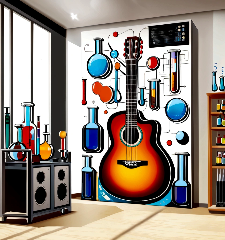 Masterpiece; Guitars and drums in a small science lab(((several science bottles around the room))); (guitars and musical keyboards inside science bottles) World map on the wall. sciencie complete with speakers and glass flasks of chemistry, embody the resilience and tenacity of the scientific community, infused with a bold graphic allure that enlivens the spirit of science. The design penetrates layers of depth, integrating the raw essence and vibrant cores of Rio de Janeiro culture. Brushstrokes that incorporate the fluid energy of graffiti on guitars and acoustic guitars weave around dynamic geometric shapes, adorning the laboratories with an evocative masterpiece that speaks to the heart of the intersection between two diverse worlds. Majestically rendered in high definition and vibrant color, every detail bursts with life, inviting viewers to marvel at the beauty that; by Salvador Dali