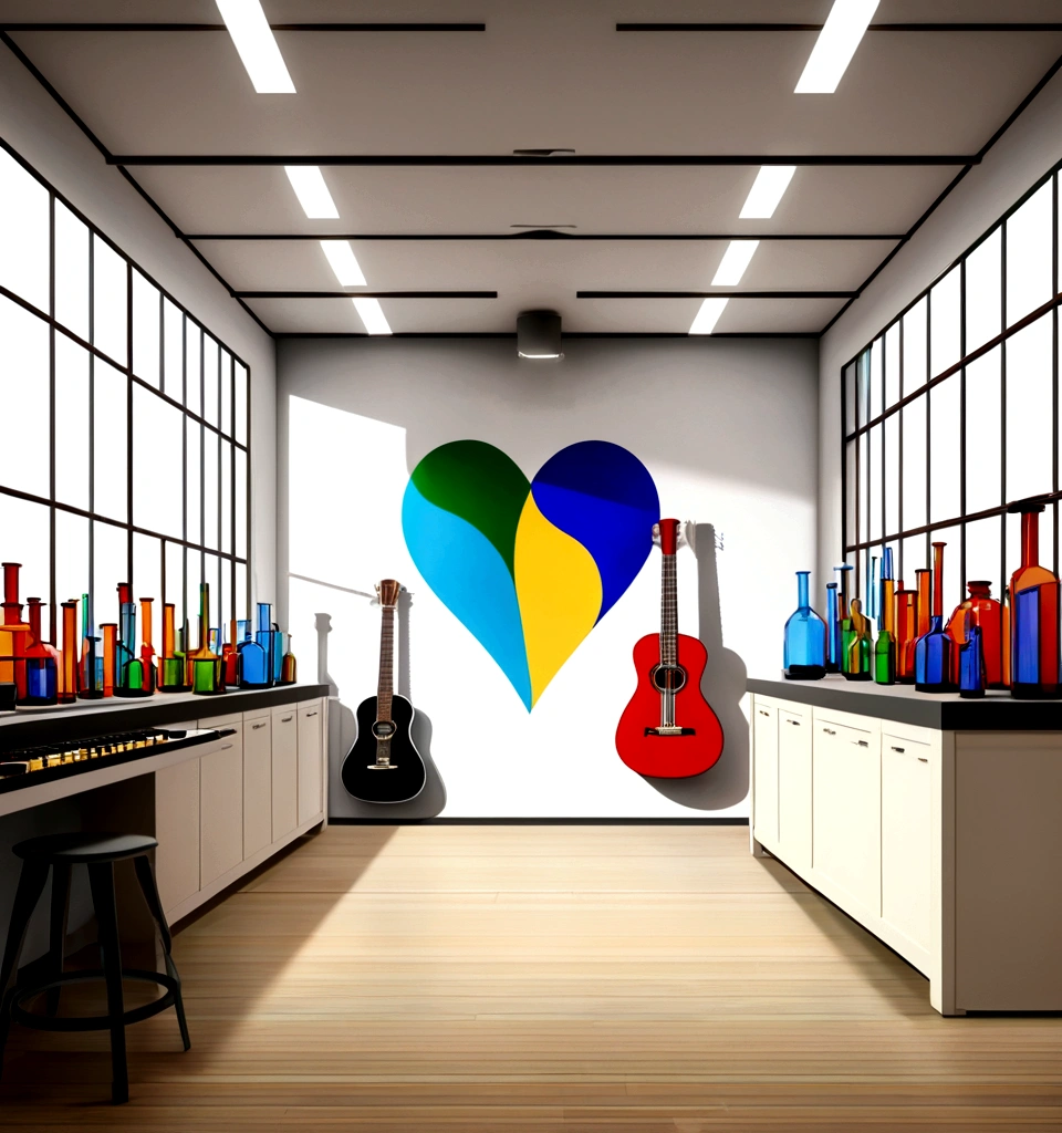 Masterpiece; Guitars and drums in a small science lab(((several science bottles around the room))); (guitars and musical keyboards inside science bottles) World map on the wall. sciencie complete with speakers and glass flasks of chemistry, embody the resilience and tenacity of the scientific community, infused with a bold graphic allure that enlivens the spirit of science. The design penetrates layers of depth, integrating the raw essence and vibrant cores of Rio de Janeiro culture. Brushstrokes that incorporate the fluid energy of graffiti on guitars and acoustic guitars weave around dynamic geometric shapes, adorning the laboratories with an evocative masterpiece that speaks to the heart of the intersection between two diverse worlds. Majestically rendered in high definition and vibrant color, every detail bursts with life, inviting viewers to marvel at the beauty that; by Salvador Dali