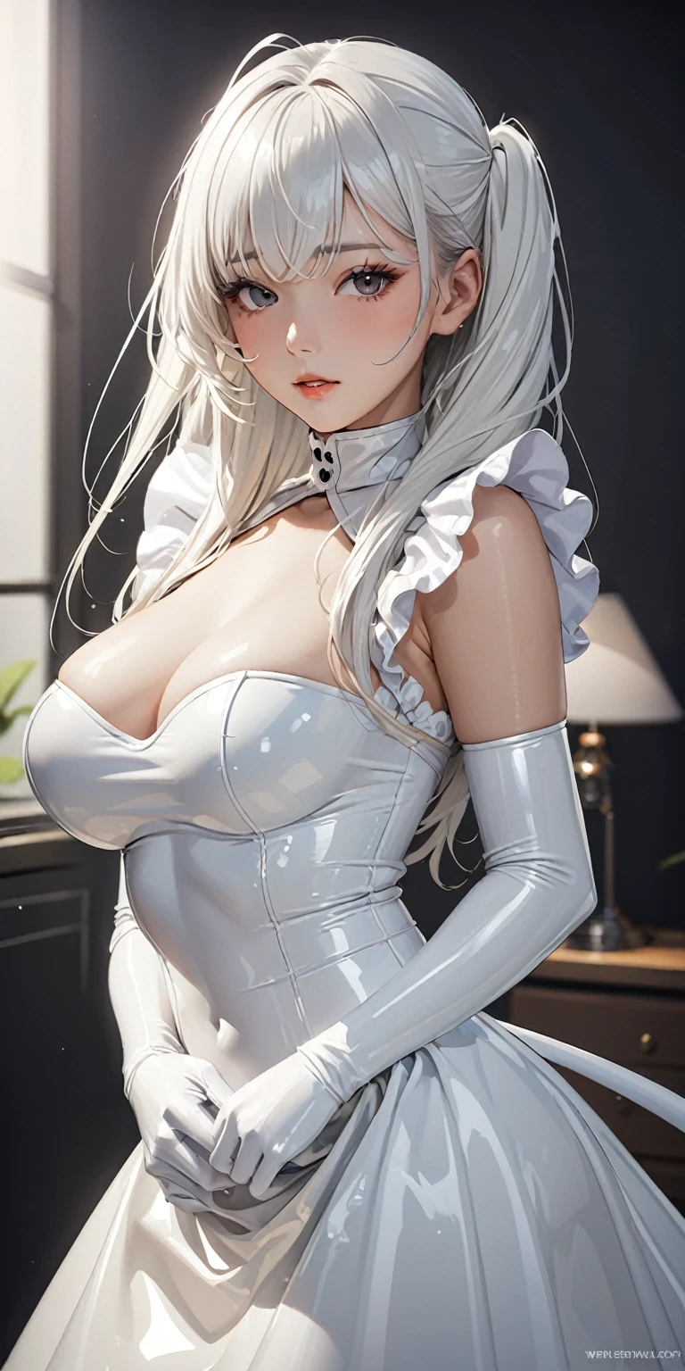 Portraiture、(masterpiece,Highest quality,Ultra-high resolution),Japanese women, (((Very beautiful 25 year old girl))),(White latex maid outfit)、((White latex long skirt))、(A long-sleeved white latex shirt covering the upper body)、White latex gloves、White latex tights、White latex bodysuit、Frills、The clothes fit snugly to the body、Latex is very shiny、Dark Room、